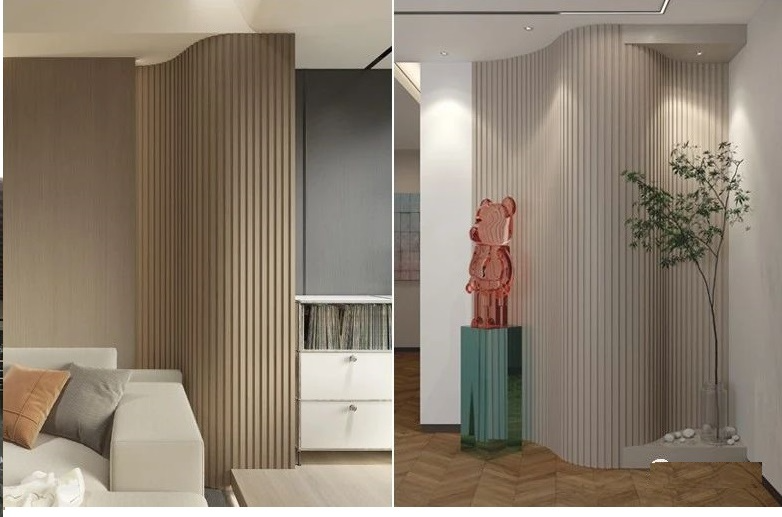 Modern living room feature wall with gray 3D geometric Flexible MDF panels