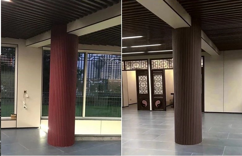 Large interior round column wrapped with paintable flexible MDF board in a hotel lobby