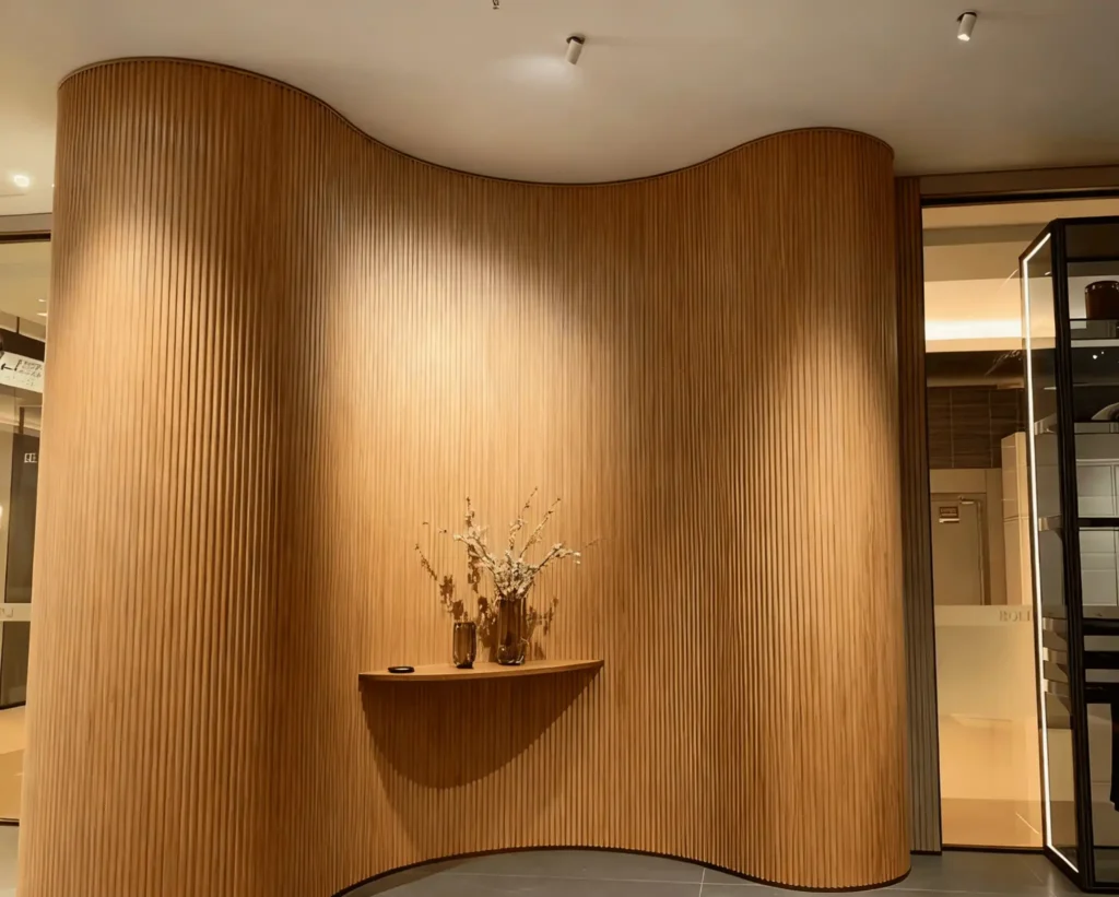 Curved wall design using flexible MDF panel for modern living room | PrimeKeep Global