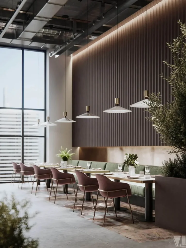 pine wood slat wall panel commercial hotel lobby installation