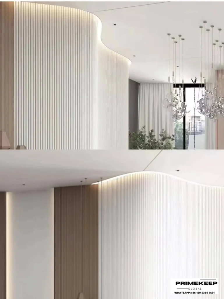 Hotel curved wall cladding with tambour panels