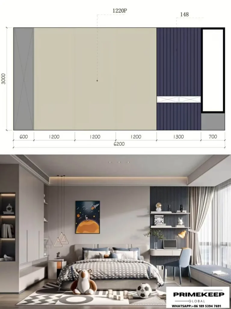 English: An integrated interior design showing color-matched walnut wall panels, invisible doors, and cabinetry as part of a CMF system
