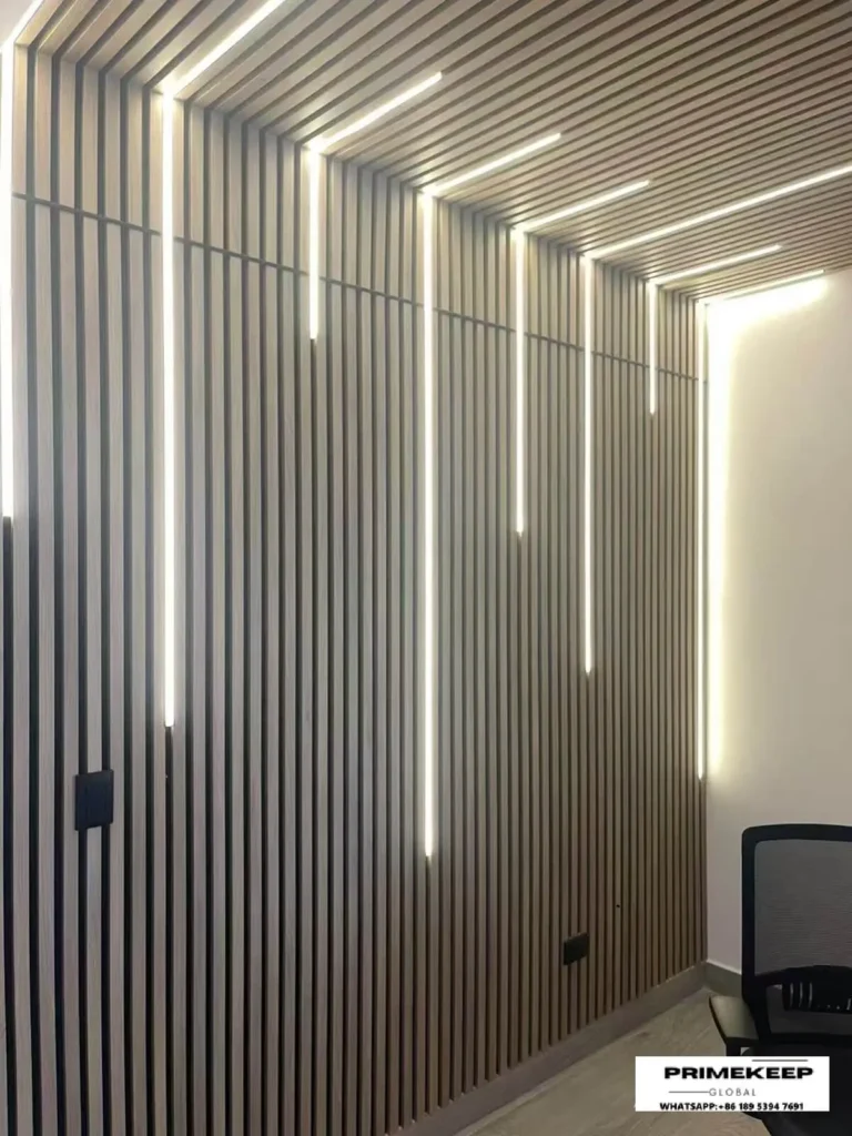 PRIMEKEEPGLOBAL vertical wood slat wall panels in a modern office environment