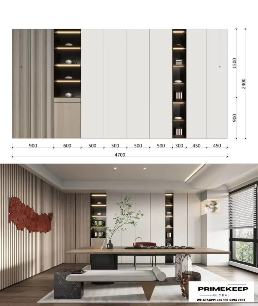 Infographic explaining CMF (Color, Material, Finish) in interior design, showing how these elements apply to wall panels, doors, and cabinetry for harmonious spaces-primekeeoglobal